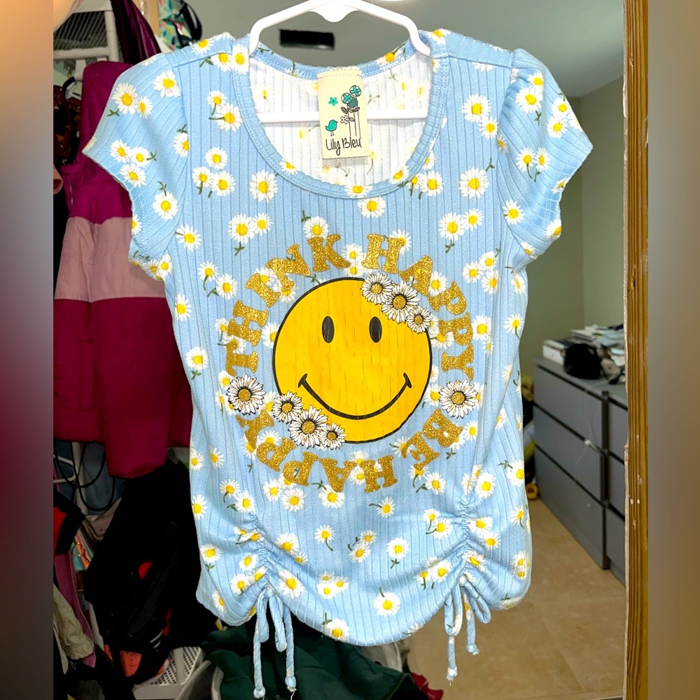 Kids Lilly blue happy face flower shirt